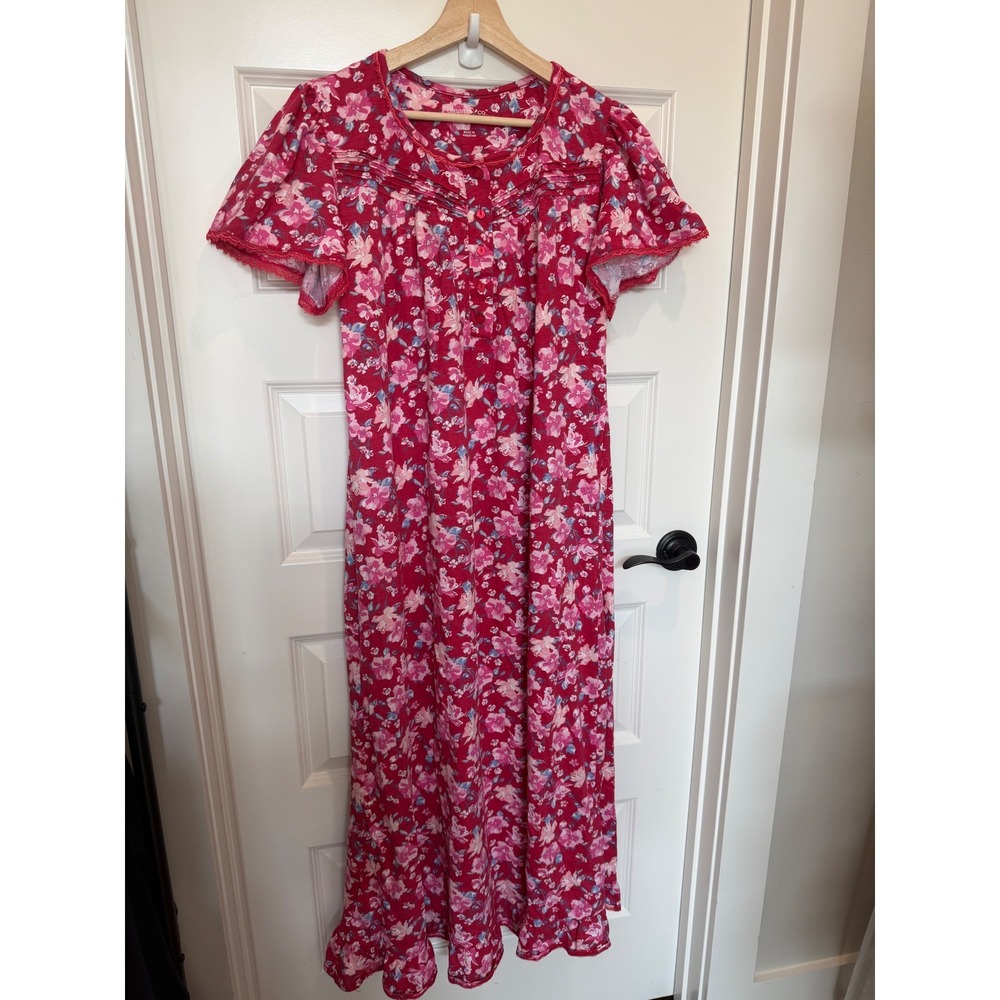 Dreams & Co Womens Pink Floral Pintuck Flutter Sleeve Maxi Nightgown Size S